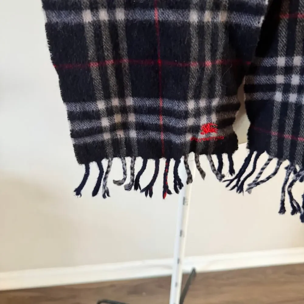 Vintage Burberry Blue Check Fringe Scarf 100% Wool Made in England